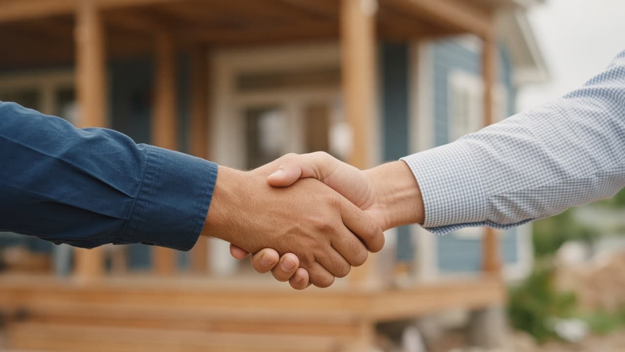 Homeowner and contractor shaking hands on a remodeling project